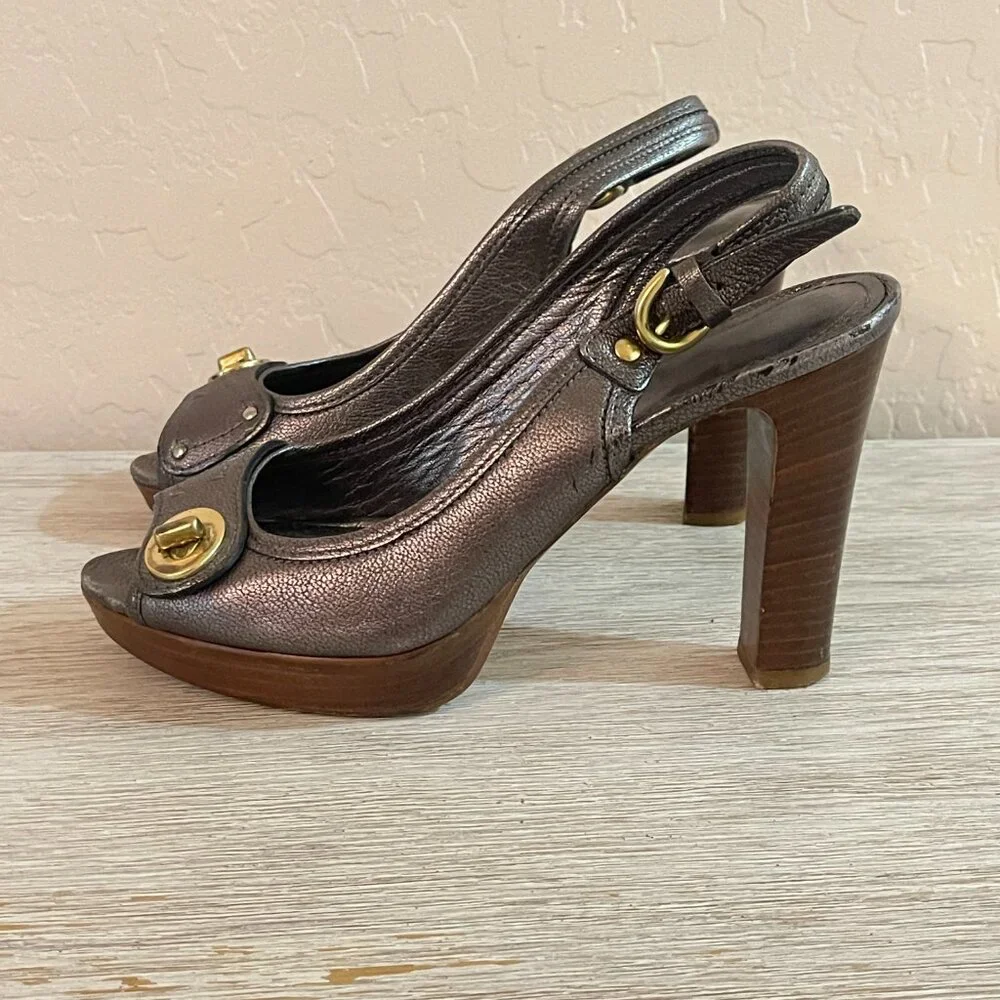 Coach Kiera Platform Heels Peeptoe Slingback Metallic Pewter Gunmetal 6.5